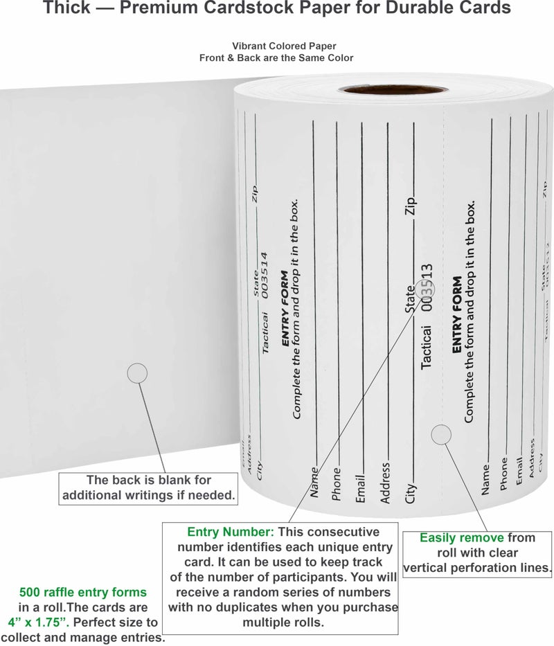 Tacticai 500 Raffle Tickets, White (1 of 3 Colors), Raffle Cards, Entry Form with Name, Phone, Email & Address for Events & Prizes - Image 2