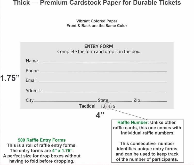 Tacticai 500 Raffle Tickets, White (1 of 3 Colors), Raffle Cards, Entry Form with Name, Phone, Email & Address for Events & Prizes - Image 3