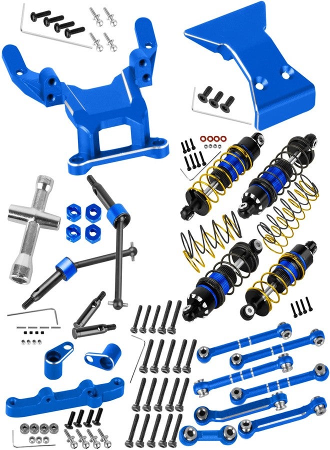 قطع غيار RCarmubWow RC Upgrades لسيارات Micro-B بمقياس 1/24 وMicro-T بمقياس 1/28، تشمل أعمدة نقل الحركة مع سداسي العجلات، وممتص الصدمات، ومسامير الشد، ونظام التوجيه، والحاجز الأمامي والمصد، باللون الأزرق الداكن. - Image 1