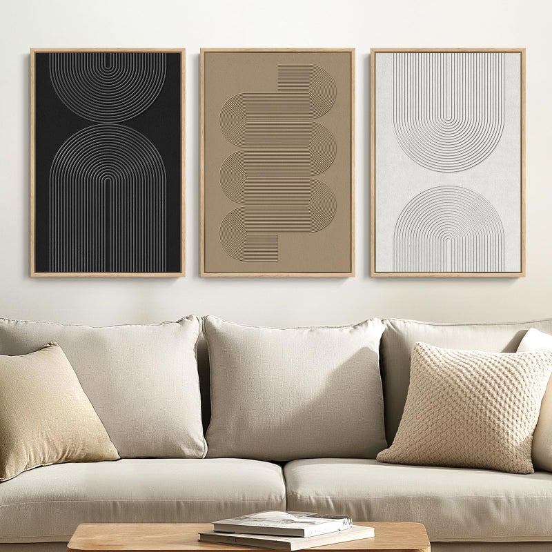 Cuspin Framed Black and White Brown Abstract Wall Art, 3 Piece Boho Geometric Canvas Prints Paintings Artwork for Walls, Modern Minimalist Neutral Pictures for Living Room Dining Room Bedroom Wall Decor 16x24 In - Image 1