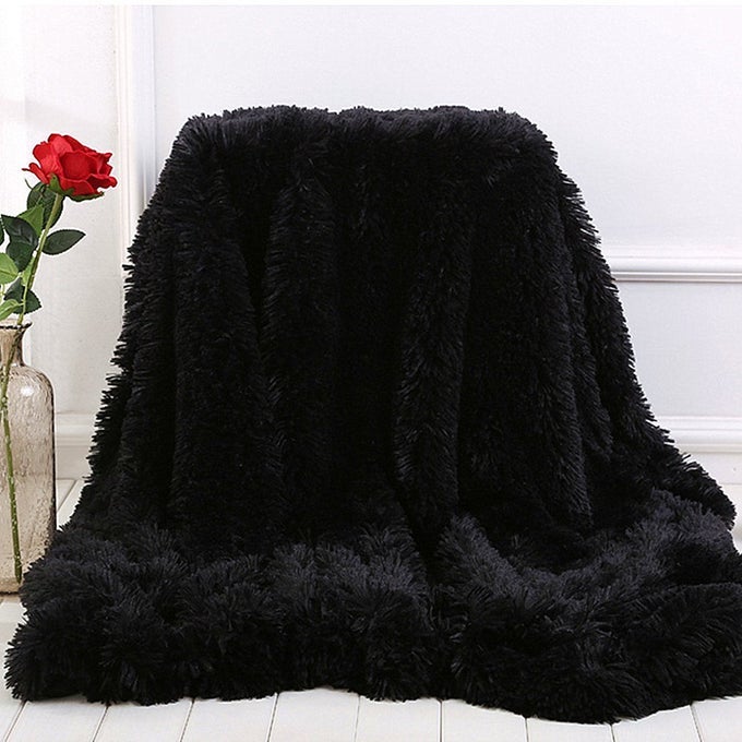 PLUSH SUPER SOFT BLANKET BEDDING SOFA COVER FURRY FUZZY FUR WARM THROW QULIT COZY COUCH BLANKET FOR WINTER 51X63 BLACK