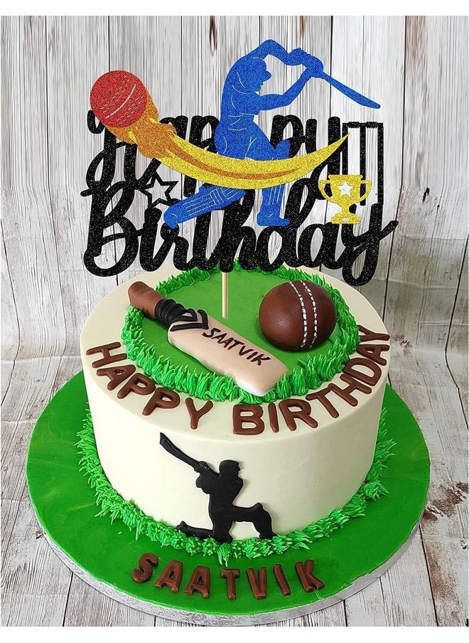 Confetti - Confetti Cricket Cake Topper Elevate The Birthday Bash Of Your Favorite Cricket Fan With Our Premium Glitter Card Cricket Theme Cake Topper! - Image 1
