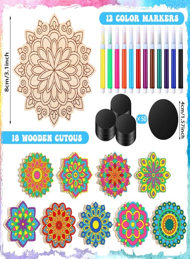 Vercraft 18 Pcs DIY Wooden Mandala Magnets Diwali Crafts Color Your Own Small Self Adhesive Magnet for DIY Craft Fridge Refrigerator Pendants(Floral Style) - Image 2