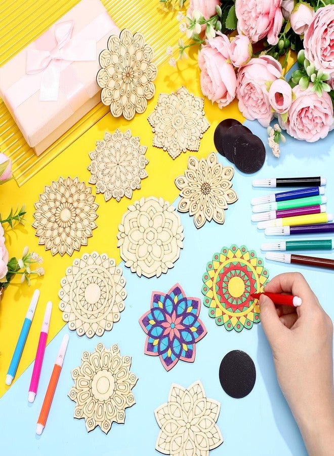 Vercraft 18 Pcs DIY Wooden Mandala Magnets Diwali Crafts Color Your Own Small Self Adhesive Magnet for DIY Craft Fridge Refrigerator Pendants(Floral Style) - Image 3