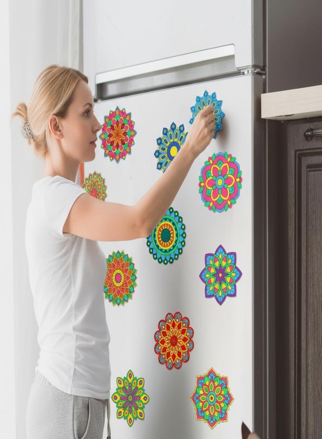 Vercraft 18 Pcs DIY Wooden Mandala Magnets Diwali Crafts Color Your Own Small Self Adhesive Magnet for DIY Craft Fridge Refrigerator Pendants(Floral Style) - Image 4