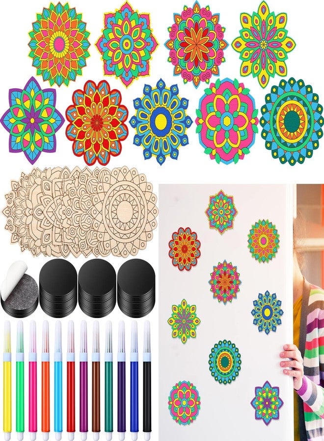 Vercraft 18 Pcs DIY Wooden Mandala Magnets Diwali Crafts Color Your Own Small Self Adhesive Magnet for DIY Craft Fridge Refrigerator Pendants(Floral Style) - Image 1