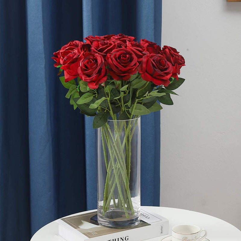 Laelfe 12 PCS Artificial Flowers Roses Silk Flowers Fake Long Stem Artificial Roses for Home Wedding Bathroom Kitchen Decorations (Gradient Burgundy) - Image 5