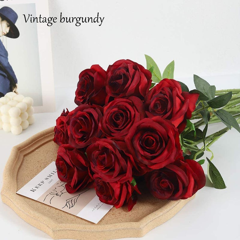 Laelfe 12 PCS Artificial Flowers Roses Silk Flowers Fake Long Stem Artificial Roses for Home Wedding Bathroom Kitchen Decorations (Gradient Burgundy) - Image 3