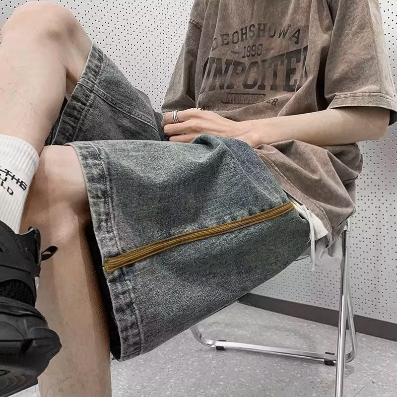 Summer thin high street Hong Kong style vintage washed Denim shorts mens fashion brand all-match casual pants loose cropped pants Blue  - Image 1