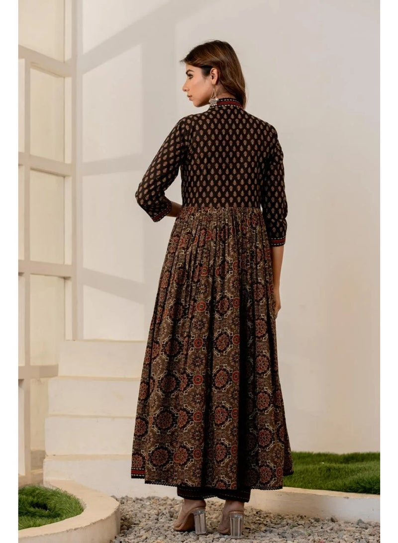 Anarkali Kurta set in Pure Cotton, Black Ajrakh Print by Ira Curated - Image 3