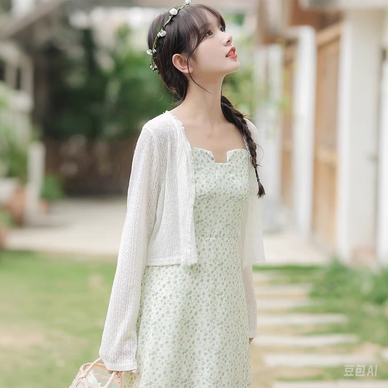 Women's Solid Green Open Front Cardigan with Slip Dress, Summer 2025 - Image 4
