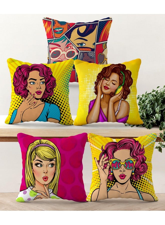 HOOPY Canvas Set of 5 Designer Decorative Throw Pillow/Cushion Covers (16 inch x 16 inch, Girly Print), Multicolor - Image 1