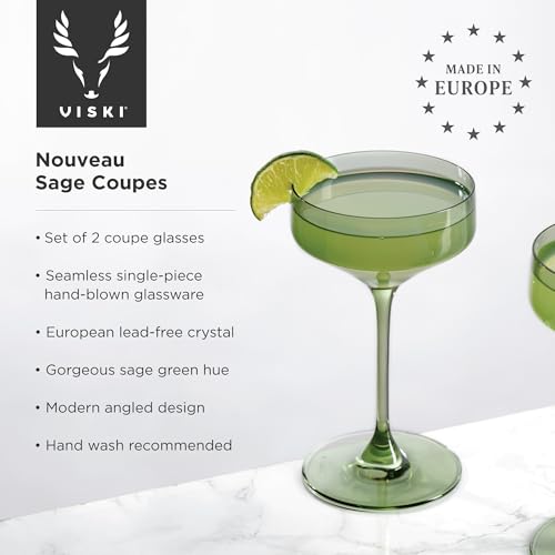 Viski Reserve Nouveau Sage Green Coupe Cocktail Glasses Crystal Colored Coupe Glasses Colorful Martini Glasses 65oz Long Stem Glassware Set Set of 2 - Image 3