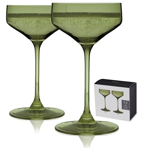 Viski Reserve Nouveau Sage Green Coupe Cocktail Glasses Crystal Colored Coupe Glasses Colorful Martini Glasses 65oz Long Stem Glassware Set Set of 2 - Image 1