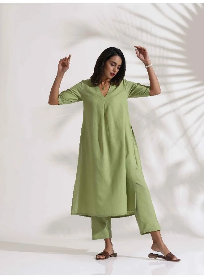 ترو برونز trueBrowns Green Slub Kurta Set