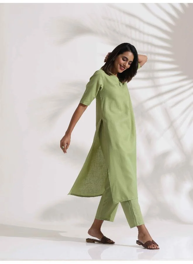 ترو برونز trueBrowns Green Slub Kurta Set