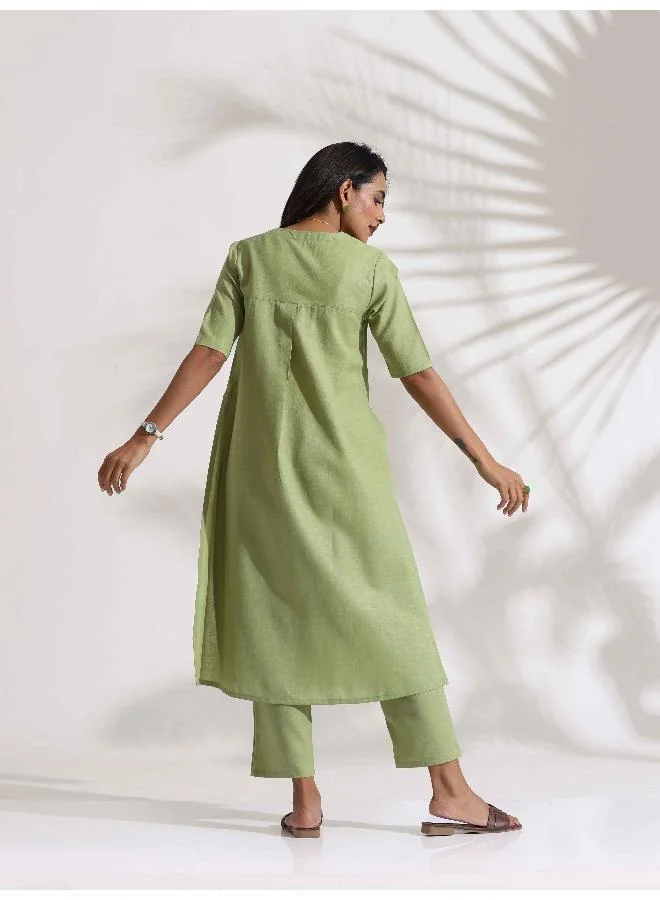 ترو برونز trueBrowns Green Slub Kurta Set