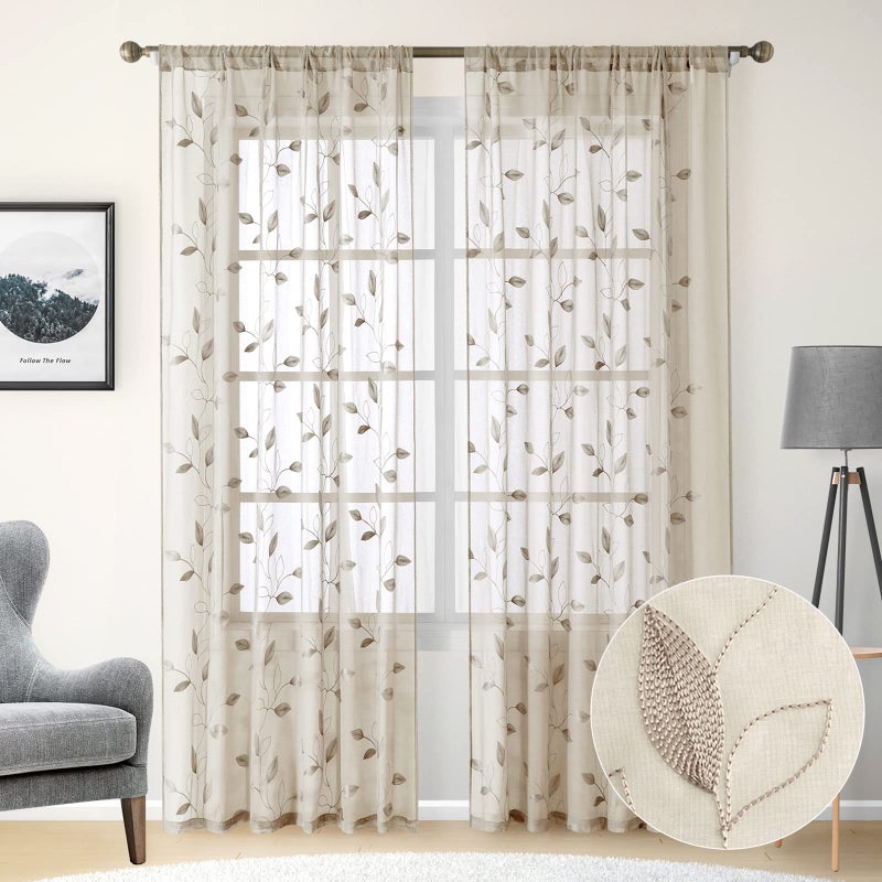 HOMEIDEAS Taupe Sheer Curtains 52 X 84 Inches Long 2 Panels Beige Embroidered Leaf Pattern Pocket Faux Linen Floral Semi Sheer Voile Window Curtains/Drapes for Bedroom Living Room - Image 1