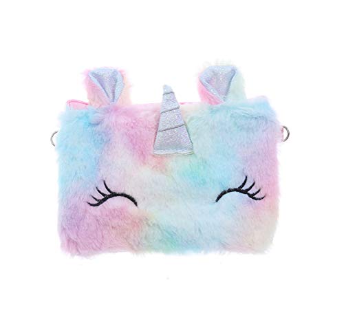 Newfancy Women Girls Kids Fluffy Fuzzy Unicorn Bag Plush Tie Dye Rainbow Crossbody Purse - Image 3