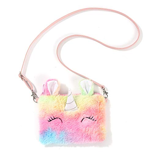 Newfancy Women Girls Kids Fluffy Fuzzy Unicorn Bag Plush Tie Dye Rainbow Crossbody Purse - Image 5
