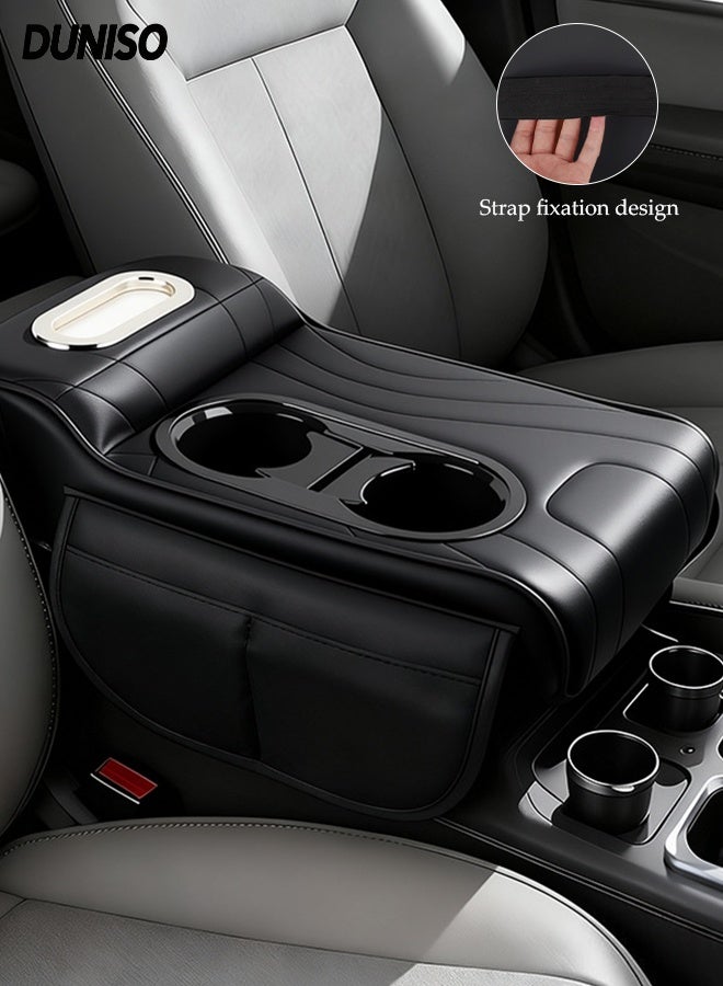 DUNISO 4 IN 1 Car Center Console Cover Multifunctional Car Armrest Cover Heighten Car Central Control Armrest Multifunctional Car Armrest Cover Cushion Cup Holder Auto Center Console Armrest Pillow Comfortable Car Armrest Pads with Storage Grid Leather Armrest Heightening Pad for Most Vehicles, SUVs, Trucks, Cars - Image 1