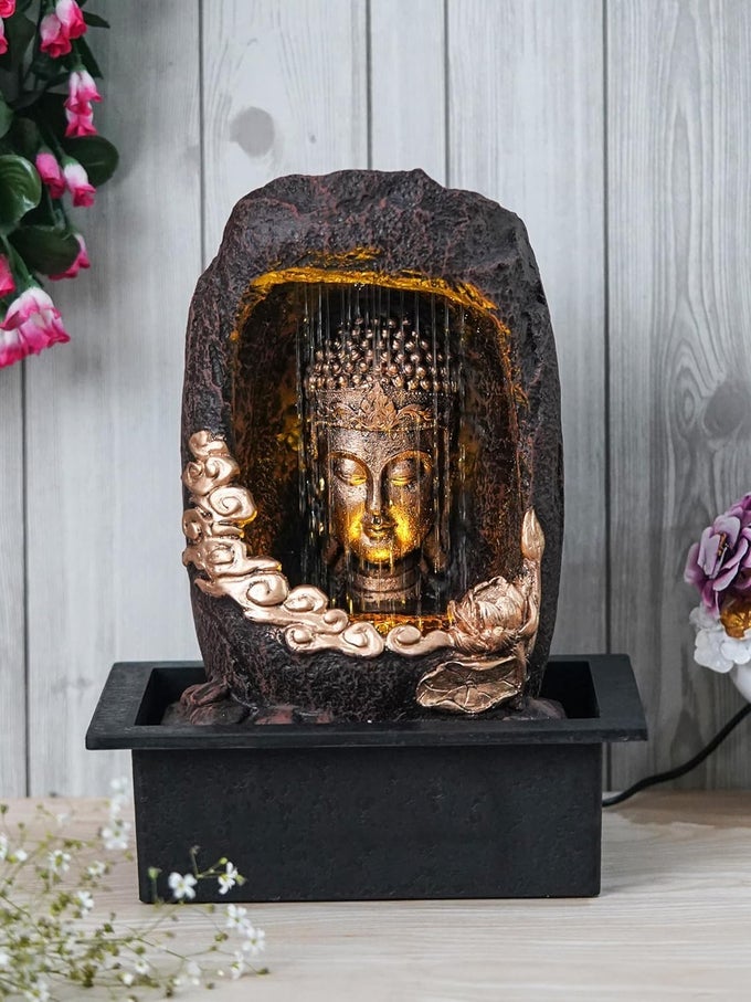 POLYRESIN TABLETOP GOLD BROWN MEDITATING BUDDHA SITTING IN CAVE STYLE INDOOR FRONT CURTAIN WATERFALL FOUNTAIN FOR HOME DECOR WITH LED LIGHT SPEED CONTROLLER PUMP SIZE 40 X 22 X 295CM