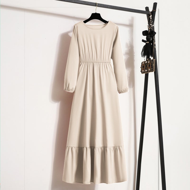New Long Sleeve A-Line Dress Womens Fashion Apricot  - Image 1