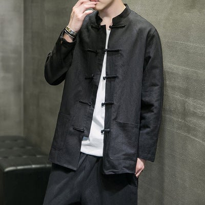 Linen Long Sleeve Shirt Jacket Mens Autumn Chinese Style Mens Shirt Chinese Style Collar Mens Cotton Linen Tang Coat Black - Image 1