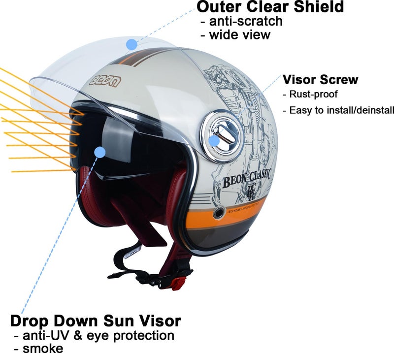 BEON Open Face Motorcycle Helmet for Adults, DOT Approved,Moped 3/4 Half Vespa Vintage Helmet with Dual Visors for Men and Women - Image 3