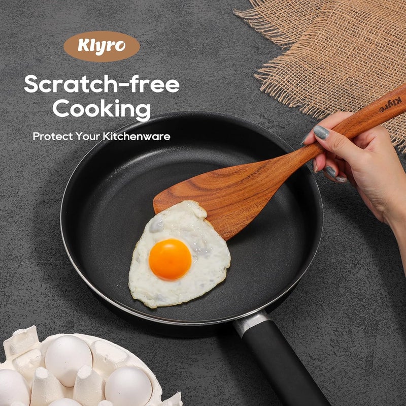 KLYRO Wooden Spoons for Cooking, Nonstick Kitchen Utensils Set with 4 Piece Measuring Spoons, Comfort Grip Wooden Spatula Set, 9 Piece Teak Wooden Cooking Utensils with Holder and Spoon Rest - Image 4