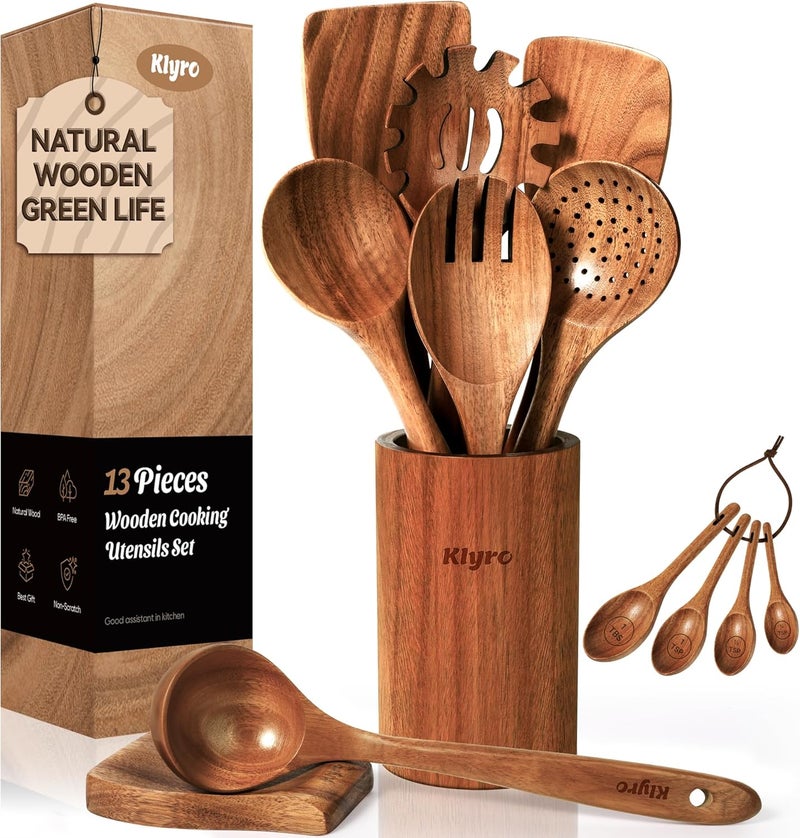 KLYRO Wooden Spoons for Cooking, Nonstick Kitchen Utensils Set with 4 Piece Measuring Spoons, Comfort Grip Wooden Spatula Set, 9 Piece Teak Wooden Cooking Utensils with Holder and Spoon Rest - Image 1