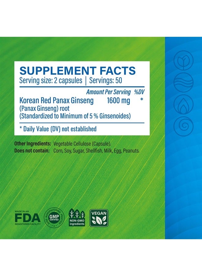 MAUWE HERBS Korean Red Ginseng - Organic Panax Root Extract, Natural Herbal Supplement - May Help Support Energy, Brain & Immune System Function, Stress Relief - 1300mg Per Serving, 100 Capsules - Image 1