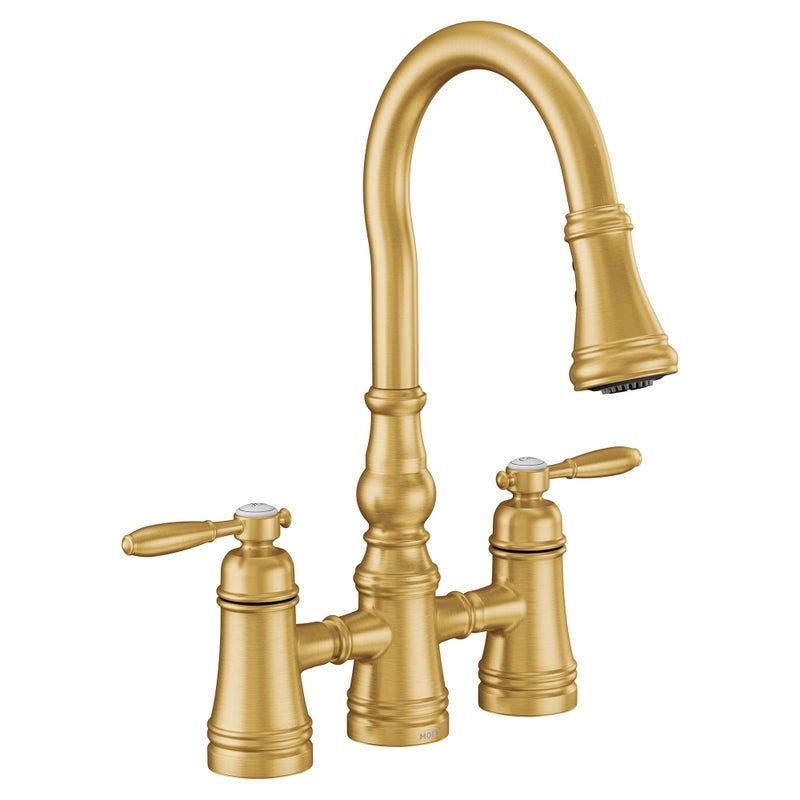 Moen S73204BG Weymouth Two Handle Pulldown Bridge Kitchen Faucet Brushed Gold