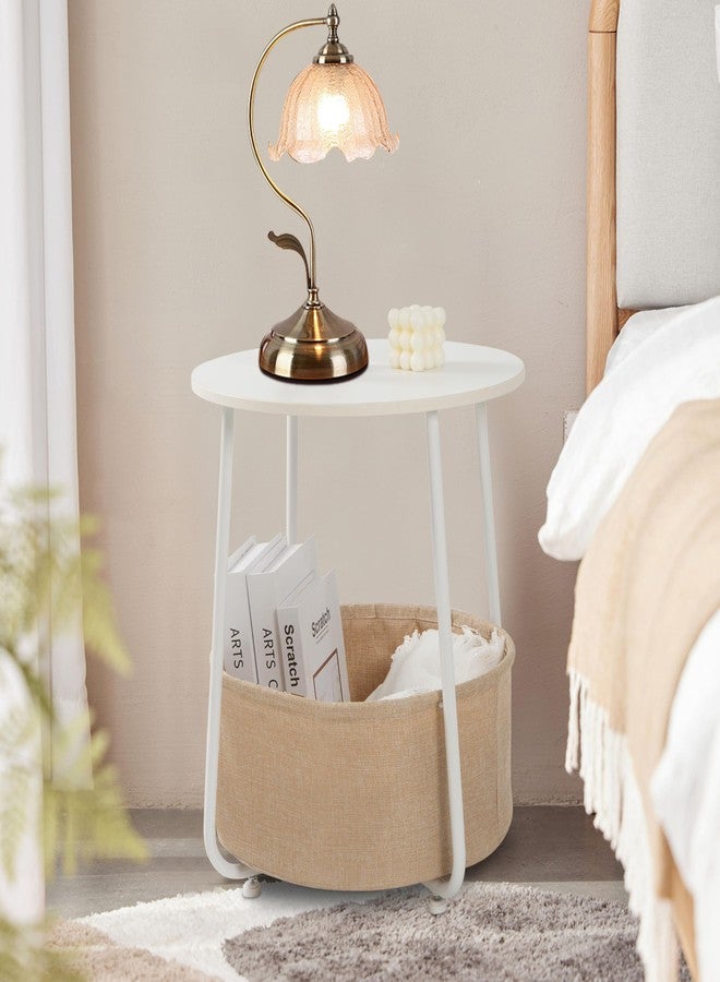 YSSOA Round Side Table, End Tables for Living Room, Small Bed Side Table, Modern White Night Stand for Bedside, Nursery, Bedroom with Cloth Storage Basket - Image 2