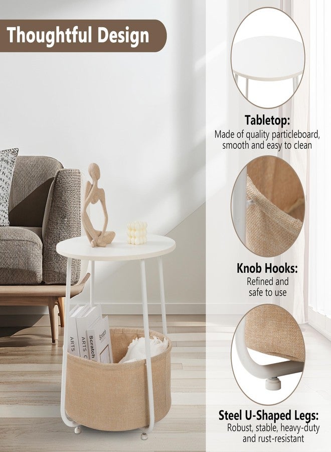 YSSOA Round Side Table, End Tables for Living Room, Small Bed Side Table, Modern White Night Stand for Bedside, Nursery, Bedroom with Cloth Storage Basket - Image 3
