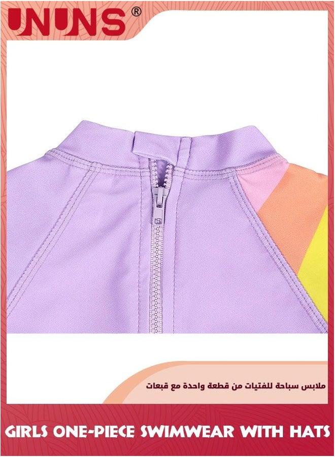 UNUNS One Piece Swimsuit Set For Baby Toddler,Little Kid Girls One-Piece Swimwear With Sun Protection Hat,Zipper Bathing Suit Beach Swimwear,Short Sleeves Guard Swimwear,Purple Unicorn - Image 5