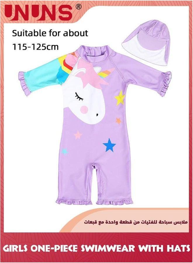 UNUNS One Piece Swimsuit Set For Baby Toddler,Little Kid Girls One-Piece Swimwear With Sun Protection Hat,Zipper Bathing Suit Beach Swimwear,Short Sleeves Guard Swimwear,Purple Unicorn - Image 2