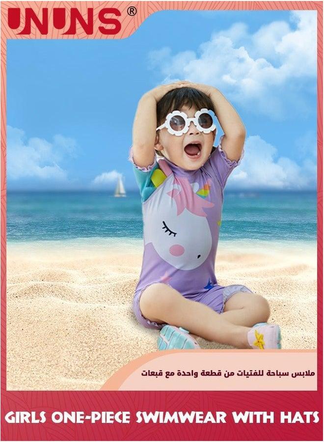UNUNS One Piece Swimsuit Set For Baby Toddler,Little Kid Girls One-Piece Swimwear With Sun Protection Hat,Zipper Bathing Suit Beach Swimwear,Short Sleeves Guard Swimwear,Purple Unicorn - Image 3