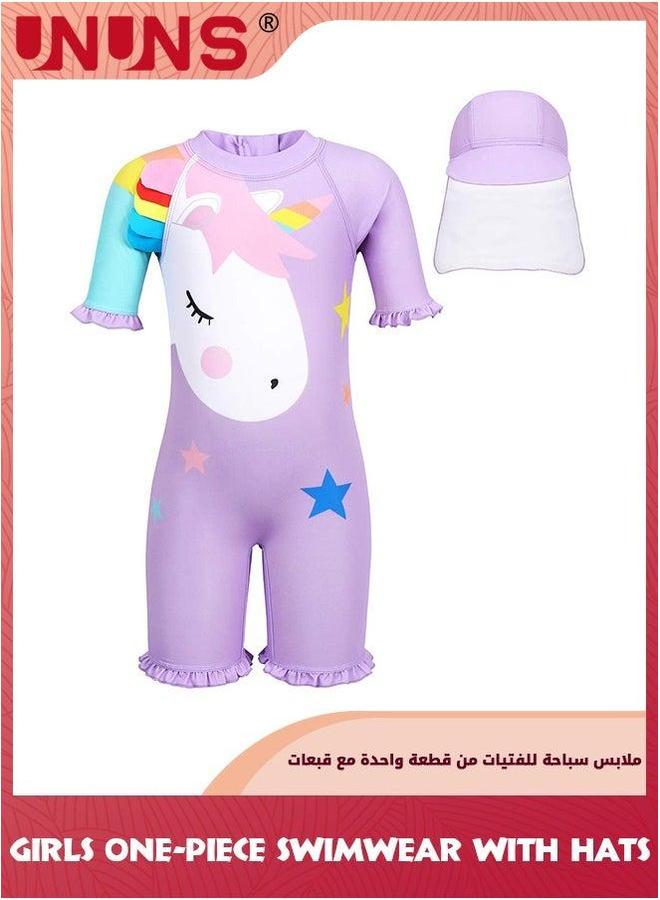 UNUNS One Piece Swimsuit Set For Baby Toddler,Little Kid Girls One-Piece Swimwear With Sun Protection Hat,Zipper Bathing Suit Beach Swimwear,Short Sleeves Guard Swimwear,Purple Unicorn - Image 1