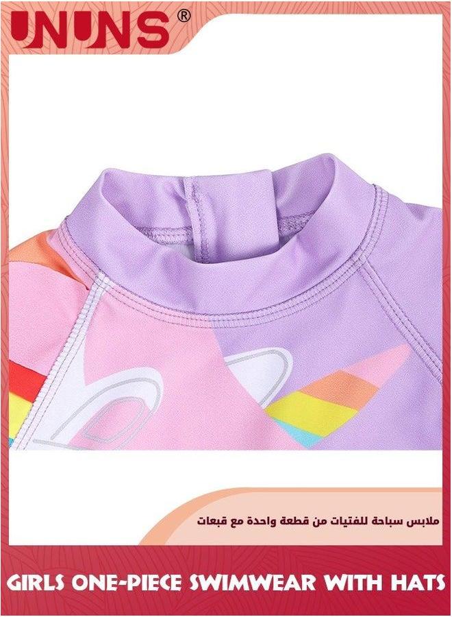 UNUNS One Piece Swimsuit Set For Baby Toddler,Little Kid Girls One-Piece Swimwear With Sun Protection Hat,Zipper Bathing Suit Beach Swimwear,Short Sleeves Guard Swimwear,Purple Unicorn - Image 4