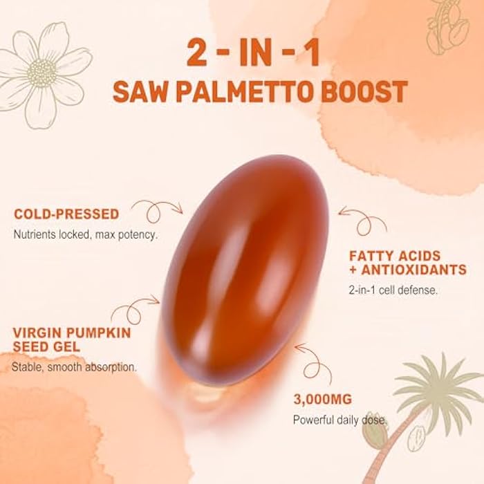 BEWORD Pumpkin Seed Oil with Saw Palmetto Softgels, 3000mg Per Serving, 300 Softgels | Cold-Pressed with Essential Fatty Acids & Phytosterols | Supports Hair, Urinary, Bladder & Prostate Health | Non-GMO - Image 3