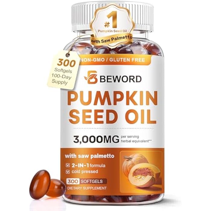 BEWORD Pumpkin Seed Oil with Saw Palmetto Softgels, 3000mg Per Serving, 300 Softgels | Cold-Pressed with Essential Fatty Acids & Phytosterols | Supports Hair, Urinary, Bladder & Prostate Health | Non-GMO - Image 1