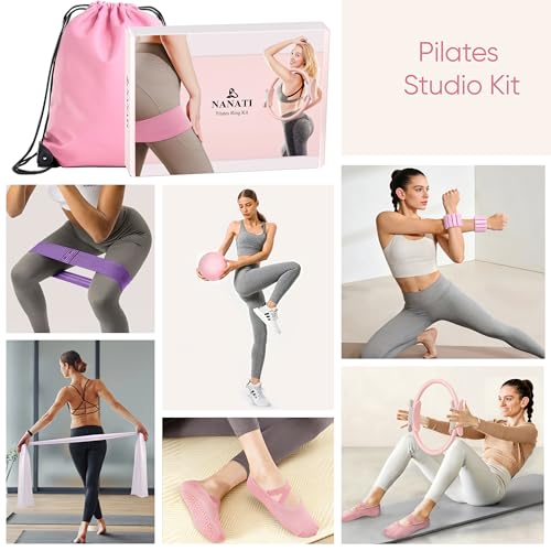 NANATI Pilates Kit 18PCS, Pilates Essentials Kit for Women Home Workouts, Pilates Equipment with 14.5" Pilates Ring and Ball,7 Resistance Bands,Ankle Weights,Sliders & Grip Socks for Beginners - Image 2