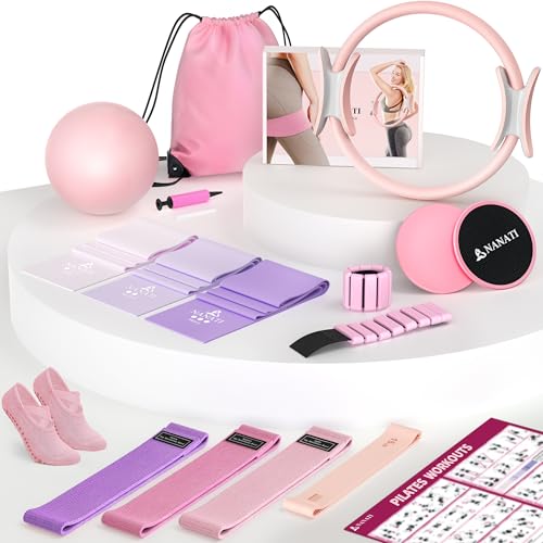 NANATI Pilates Kit 18PCS, Pilates Essentials Kit for Women Home Workouts, Pilates Equipment with 14.5" Pilates Ring and Ball,7 Resistance Bands,Ankle Weights,Sliders & Grip Socks for Beginners - Image 1