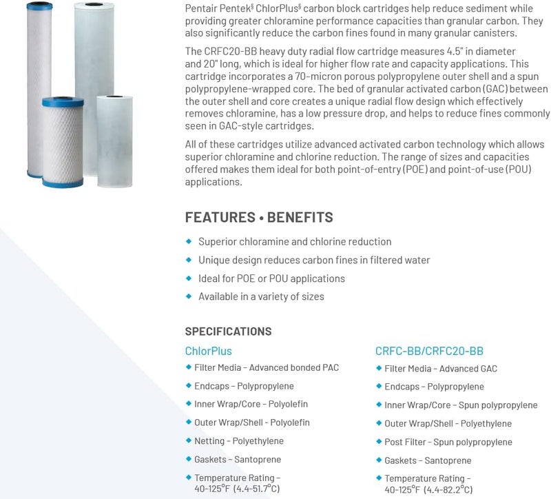 Pentek Pentair ChlorPlus10BB Big Blue Carbon Water Filter, 10-Inch, Whole House Chloramine Reduction Carbon Replacement Cartridge, 10" x 4.5", 1 Micron - Image 1