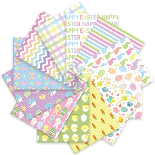 Whaline 12 Pcs Easter Cotton Fabric Bundles 10 x 10 Inch Colorful Easter Bunny Rabbit Egg Carrot Fabric Square Quilting Patchwork for Silly Goose DIY Craft Home Party Decor - Image 1