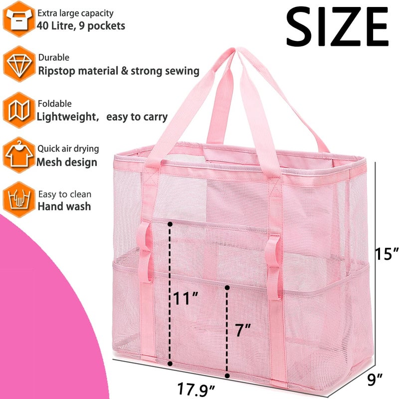 Fammart Mesh Beach Bag with Zipper, Large Beach Tote for Women, Toys Pool Swim Bag Travel Vacation Cruise Essentials, Large - Pink - Image 3