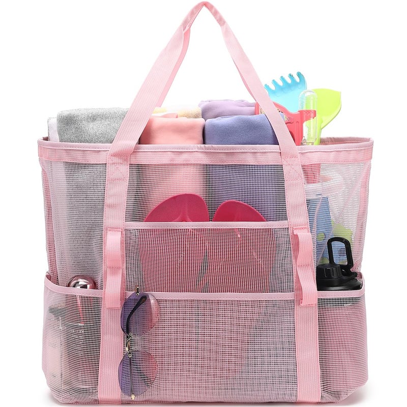 Fammart Mesh Beach Bag with Zipper, Large Beach Tote for Women, Toys Pool Swim Bag Travel Vacation Cruise Essentials, Large - Pink - Image 1