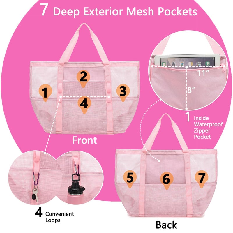 Fammart Mesh Beach Bag with Zipper, Large Beach Tote for Women, Toys Pool Swim Bag Travel Vacation Cruise Essentials, Large - Pink - Image 4