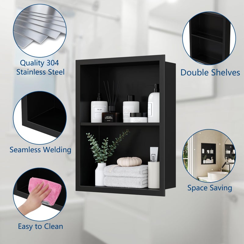 Qeke 14x18 Medicine Cabinet Recessed, Medicine Cabinet Without Mirror, 304 Stainless Steel Medicine Wall Niche with Double Shelves, Matte Black - Image 5